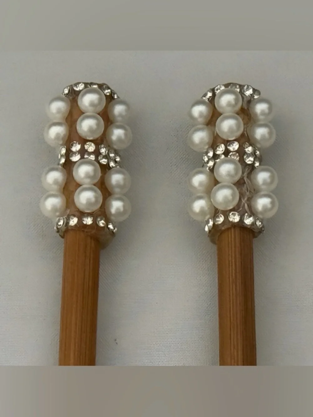 New 2 Natural Wood Color Hair Sticks Embellished With Crystals & Faux Pearls